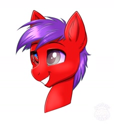 Size: 1651x1812 | Tagged: safe, artist:confetticakez, oc, oc only, pony, bust, grin, heterochromia, portrait, red sclera, smiling, solo