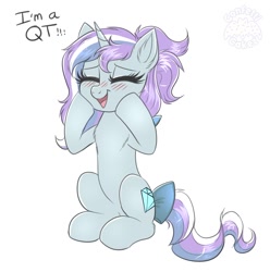 Size: 2134x2149 | Tagged: safe, artist:confetticakez, oc, oc only, pony, unicorn, bow, dialogue, eyes closed, happy, high res, open mouth, qt, smiling, solo, tail bow