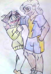 Size: 1500x2143 | Tagged: safe, artist:midday sun, fluttershy, silver lining, silver zoom, human, g4, blushing, blushing profusely, butterscotch, clothes, crack shipping, football, half r63 shipping, hand in pocket, humanized, kabedon, rule 63, shipping, shirt, shoes, shorts, silverscotch, sports, sweater, tights, traditional art, uniform, wonderbolts, wonderbolts uniform