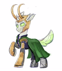Size: 3500x4000 | Tagged: safe, artist:confetticakez, oc, oc only, oc:copycat, changedling, changeling, pony, armor, cape, clothes, cosplay, costume, helmet, horns, loki, looking at you, marvel, sketch, smiling, solo