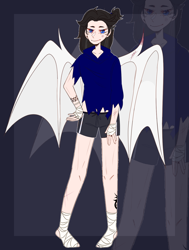 Size: 1162x1536 | Tagged: safe, artist:idkhesoff, oc, oc only, oc:cross-hit, human, bandage, barefoot, clothes, feet, female, hoodie, humanized, humanized oc, shorts, solo, sports shorts, sports tape, tattoo, tomboy, torn clothes, winged humanization, wings, wrist tape