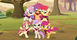 Size: 1024x534 | Tagged: safe, artist:velveagicsentryyt, apple bloom, scootaloo, sweetie belle, oc, oc:apple denki, oc:fries, oc:strawberlly, earth pony, pegasus, pony, unicorn, g4, bipedal, cape, clothes, cmc cape, cutie mark crusaders, female, filly, mare, next generation, obtrusive watermark, offspring, older, older apple bloom, older scootaloo, older sweetie belle, parent:apple bloom, parent:button mash, parent:rumble, parent:scootaloo, parent:sweetie belle, parent:tender taps, parents:rumbloo, parents:sweetiemash, parents:tenderbloom, standing, standing on one leg, watermark