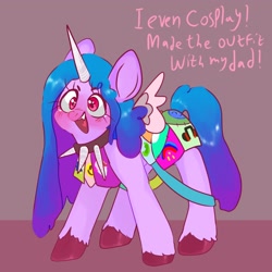 Size: 2048x2048 | Tagged: dead source, safe, artist:axollungz, izzy moonbow, pony, unicorn, fanfic:cupcakes, g5, blushing, clothes, collar, cosplay, costume, creepypasta, cutie mark dress, dialogue, fake wings, female, heart tongue, high res, hilarious in hindsight, horn, horn necklace, izzymena moonbow, mare, open mouth, severed horn, solo, spiked collar, the new pinkie pie, unshorn fetlocks