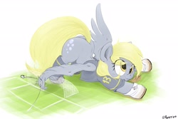 Size: 3000x2000 | Tagged: safe, artist:ponerino, derpy hooves, pegasus, pony, g4, 4chan cup, colored, cute, derpabetes, digital art, face down ass up, football, giant pony, high res, macro, safest hooves, soccer field, soccer shoes, sports