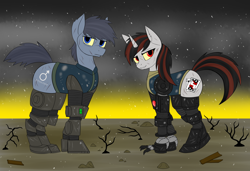 Size: 3000x2049 | Tagged: safe, artist:rorrek, derpibooru exclusive, oc, oc:blackjack, oc:p-21, cyborg, earth pony, pony, unicorn, fallout equestria, fallout equestria: project horizons, amputee, augmented, colored sclera, cybernetic legs, fanfic art, female, high res, injured, male, post-apocalyptic, red and black mane, scar, wasteland, yellow sclera