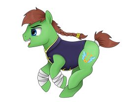 Size: 1000x833 | Tagged: safe, artist:drcool13, artist:zeronitroman, oc, oc only, oc:swift stride, earth pony, pony, braided ponytail, clothes, collaboration, galloping, leg wraps, male, running, simple background, smiling, solo, stallion, tail wrap, transparent background