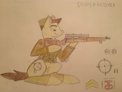 Size: 4032x3024 | Tagged: safe, artist:steelepone, oc, oc:sniper hooves, earth pony, pony, clothes, colored, gun, reference sheet, rifle, sniper rifle, traditional art, uniform, weapon, world war i