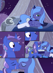 Size: 2500x3400 | Tagged: safe, artist:jelisicli, princess luna, oc, oc:azure night, alicorn, pony, unicorn, g4, azuna, bed, canon x oc, clothes, comic, commission, curved horn, female, filly, foal, high res, horn, kissing, male, socks, stallion, unicorn oc, woona, ych result, younger