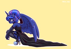 Size: 2048x1423 | Tagged: safe, artist:lrusu, princess luna, alicorn, anthro, plantigrade anthro, g4, alternate hairstyle, beautiful, clothes, cute, dress, ear piercing, earring, evening gloves, garter, garter belt, gloves, goth, high heels, jewelry, lidded eyes, long gloves, looking back, lunabetes, partially open wings, piercing, platform heels, platform shoes, shoes, solo, spread wings, squatting, stockings, thigh highs, unamused