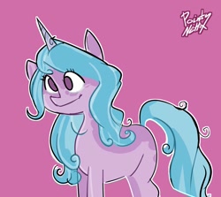 Size: 1760x1567 | Tagged: safe, artist:pointynetta, izzy moonbow, pony, unicorn, g5, cute, female, izzybetes, mare, pink background, signature, simple background, smiling, solo