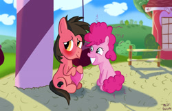 Size: 2917x1889 | Tagged: safe, artist:ace play, pinkie pie, oc, oc:ace play, earth pony, pony, g4, blushing, canon x oc, colt, cute, female, filly, filly pinkie pie, foal, grin, heart, male, pinkieplay, playground, shipping, smiling, straight, younger