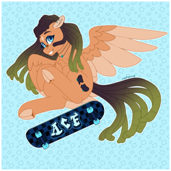 Size: 2300x2300 | Tagged: safe, artist:liefsong, oc, oc only, oc:acid drop, pegasus, pony, dreadlocks, female, grin, high res, looking at you, mare, pegasus oc, simple background, skateboard, smiling, smiling at you, solo, underhoof