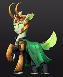 Size: 3079x3761 | Tagged: safe, artist:confetticakez, oc, oc only, oc:copycat, changedling, changeling, pony, armor, cape, clothes, cosplay, costume, helmet, high res, horns, loki, looking at you, marvel, smiling, solo