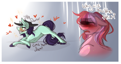 Size: 1576x831 | Tagged: safe, artist:crescentmyst, oc, oc only, oc:cherry changa, earth pony, pony, blushing, cousins, cowboy hat, duo, embarrassed, flirting, floating heart, hat, heart, hidden eyes, male, offspring, parent:big macintosh, parent:cheerilee, parents:cheerimac, stallion