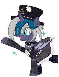 Size: 2292x3012 | Tagged: safe, artist:melissaterss, oc, oc only, oc:elizabat stormfeather, alicorn, bat pony, bat pony alicorn, pony, alicorn oc, bat pony oc, bat wings, choker, clothes, fangs, female, flats, goth, hat, high res, horn, mare, open mouth, punk, raised hoof, raised leg, shirt, shoes, simple background, skirt, socks, solo, sparkles, stockings, t-shirt, thigh highs, top hat, transparent background, wings