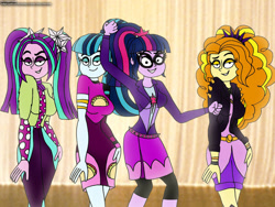 Size: 1280x960 | Tagged: safe, artist:rdj1995, adagio dazzle, aria blaze, sci-twi, sonata dusk, twilight sparkle, equestria girls, g4, female, glasses, grin, group, looking at you, performing, quartet, radio city music hall, smiling, smiling at you, the dazzlings