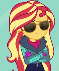 Size: 581x702 | Tagged: safe, screencap, sunset shimmer, equestria girls, equestria girls specials, g4, my little pony equestria girls: better together, my little pony equestria girls: holidays unwrapped, winter break-in, aviator sunglasses, cropped, solo, sunglasses
