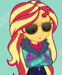 Size: 581x702 | Tagged: safe, screencap, sunset shimmer, equestria girls, equestria girls specials, g4, my little pony equestria girls: better together, my little pony equestria girls: holidays unwrapped, winter break-in, aviator sunglasses, cropped, female, solo, sunglasses