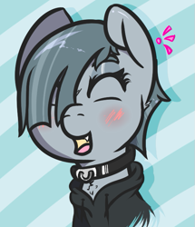 Size: 563x656 | Tagged: safe, artist:lazerblues, marble pie, earth pony, pony, g4, blushing, clothes, collar, eyes closed, hoodie, inky pie, open mouth, short hair, smiling, snaggletooth, solo