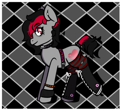 Size: 1094x1000 | Tagged: safe, artist:lazerblues, oc, oc only, oc:miss eri, earth pony, pony, black and red mane, clothes, converse, ear piercing, emo, piercing, shoes, smiling, socks, solo, two toned mane
