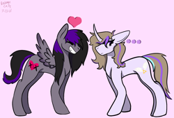 Size: 2431x1657 | Tagged: safe, artist:revenge.cats, oc, oc only, oc:drizzling dasher, pegasus, pony, unicorn, colored wings, curved horn, duo, duo female, emo, eyes closed, fangs, female, frown, gradient wings, grin, heart, high res, horn, implied lesbian, implied shipping, mare, pegasus oc, pink background, short hair, simple background, small wings, smiling, spread wings, triforce, unicorn oc, wings