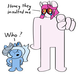Size: 1343x1279 | Tagged: safe, artist:mopyr, oc, oc only, oc:fort, oc:moosin, original species, anthro, angry, dialogue, horn, meme, pointing, pointing at you, simple background, size difference, white background