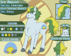 Size: 2300x1800 | Tagged: safe, artist:azurllinate, oc, oc only, oc:sol bright, pony, unicorn, bangs, blue eyes, cloven hooves, colored, cutie mark, description is relevant, different angles, flat colors, green hair, hooves, horn, looking at you, male, muscles, muscular stallion, open mouth, reference sheet, scar, simple background, smiling, solo, strong, text, thick neck, two toned mane, two toned tail, unicorn oc, wavy mane, wavy tail, yellow hair