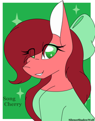 Size: 1850x2348 | Tagged: safe, artist:silenceshadowwolf, oc, oc only, earth pony, pony, abstract background, bow, bust, clothes, earth pony oc, eye clipping through hair, female, grin, hair bow, mare, smiling, solo