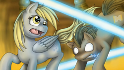 Size: 1914x1080 | Tagged: artist needed, source needed, safe, derpy hooves, doctor whooves, time turner, earth pony, pegasus, pony, g4, badass, crossover, dalek, doctor who, dodge, epic derpy, exterminate, fight, laser, scared, sonic screwdriver, the doctor