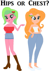Size: 437x632 | Tagged: safe, artist:selenaede, artist:sturk-fontaine, oc, oc:melon kiss, oc:peach blossom, equestria girls, g4, base used, big breasts, breasts, child bearing hips, duo, duo female, female, hips or chest, simple background, white background, wide hips