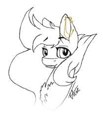Size: 697x835 | Tagged: safe, artist:inspiredpixels, oc, oc only, pony, bust, chest fluff, ear piercing, earring, eyebrows, eyebrows visible through hair, fangs, jewelry, looking at you, piercing, signature, simple background, sketch, smiling, smiling at you, solo, white background