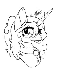 Size: 559x745 | Tagged: safe, artist:inspiredpixels, oc, oc only, pony, unicorn, bust, collar, eye clipping through hair, eyebrows, eyebrows visible through hair, horn, looking at you, smiling, smiling at you, solo, tongue out, unicorn oc