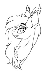 Size: 547x880 | Tagged: safe, artist:inspiredpixels, oc, oc only, bat pony, pony, bat pony oc, bust, chest fluff, ear fluff, eyebrows, eyebrows visible through hair, fangs, female, frown, looking at you, mare, profile, signature, slit pupils, solo