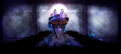 Size: 1500x674 | Tagged: safe, artist:inspiredpixels, oc, oc only, oc:marie pixel, pegasus, pony, backlighting, female, lens flare, mare, pegasus oc, rain, signature, solo, two toned wings, wings