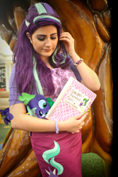 Size: 1999x2999 | Tagged: safe, artist:sarahndipity cosplay, spike, starlight glimmer, dog, human, equestria girls, g4, bracelet, clothes, cosplay, costume, cute, daaaaaaaaaaaw, female, high res, hug, irl, irl human, jewelry, nike, nike (brand), notebook, photo, plushie, png, skirt, spikabetes, spike the dog, spikelove