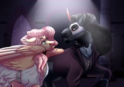 Size: 2048x1433 | Tagged: safe, fluttershy, king sombra, pegasus, pony, umbrum, unicorn, g4, clothes, female, i'm a big fan of the bad guys, looking at each other, male, mare, mask, phantom of the opera, ship:sombrashy, shipping, stallion, straight