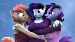 Size: 1920x1080 | Tagged: source needed, safe, artist:kenaga, oc, oc only, oc:atari, oc:maple cake, oc:raven storm, anthro, plantigrade anthro, 3d, cute, female, group hug, hug, nexgen, ocbetes, smiling, source filmmaker, trio