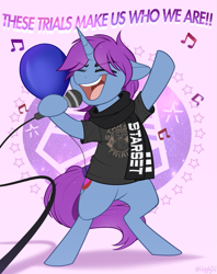 Size: 951x1200 | Tagged: safe, artist:higglytownhero, oc, oc only, oc:mobian, pony, unicorn, balloon, bipedal, clothes, eyes closed, happy, hoof hold, lyrics, microphone, open mouth, raised hoof, scarf, shirt, simple background, singing, song reference, standing on two hooves, standing up, starset, t-shirt, text