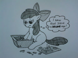 Size: 1280x960 | Tagged: safe, artist:crypticannelid, apple bloom, earth pony, pony, g4, blank flank, female, filly, lego, monochrome, sitting, solo, speech bubble, upset