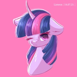 Size: 2048x2048 | Tagged: safe, artist:limeox1, twilight sparkle, pony, g4, bust, female, floppy ears, frown, high res, mare, one eye closed, pink background, portrait, simple background, solo