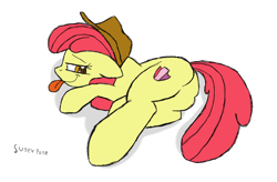 Size: 1104x723 | Tagged: safe, artist:sugarpone, apple bloom, earth pony, pony, g4, butt, female, filly, hat, plot, solo, tongue out
