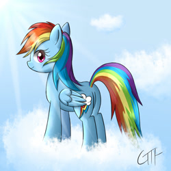 Size: 1000x1000 | Tagged: safe, artist:giftry365, rainbow dash, pegasus, pony, g4, cloud, female, mare, on a cloud, sky background, solo, standing on a cloud
