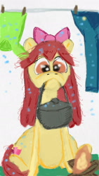 Size: 1080x1920 | Tagged: safe, artist:kaykeyser, apple bloom, earth pony, pony, g4, camping, clothes, clothes hanger, female, filly, fire