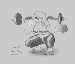 Size: 2104x1798 | Tagged: safe, artist:cosmicminerals, oc, oc only, oc:chalk, cat, diamond dog, breath, clothes, dialogue, female, female diamond dog, glasses, pants, shirt, simple background, smiling, sports bra, sweat, weight lifting, weights, white background, yoga pants