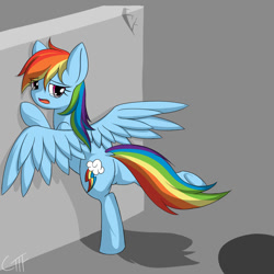 Size: 1000x1000 | Tagged: safe, artist:giftry365, rainbow dash, pegasus, pony, g4, against wall, female, looking back, mare, scared, shadow, solo, teary eyes, wall