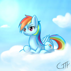 Size: 2000x2000 | Tagged: safe, artist:giftry365, rainbow dash, pegasus, pony, g4, cloud, female, high res, mare, on a cloud, sitting, sitting on a cloud, sky background, solo