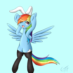 Size: 2000x2000 | Tagged: safe, artist:giftry365, rainbow dash, pegasus, pony, g4, blue background, bunny ears, clothes, female, high res, mare, one eye closed, open mouth, simple background, solo, stockings, thigh highs, wink