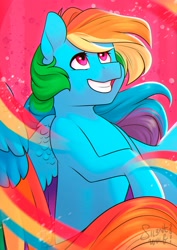 Size: 2480x3507 | Tagged: safe, artist:silentwolf-oficial, part of a set, rainbow dash, pegasus, pony, g4, abstract background, female, high res, mare, rainbow, rearing, smiling, solo