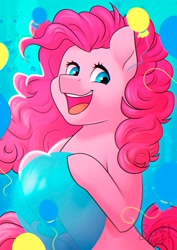 Size: 2480x3507 | Tagged: safe, artist:silentwolf-oficial, part of a set, pinkie pie, earth pony, pony, g4, abstract background, balloon, female, high res, looking at you, mare, open mouth, open smile, ponk, smiling, smiling at you, solo, that pony sure does love balloons, volumetric mouth