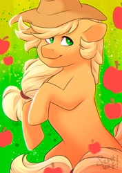 Size: 2480x3507 | Tagged: safe, artist:silentwolf-oficial, part of a set, applejack, earth pony, pony, g4, abstract background, apple, applejack's hat, cowboy hat, female, food, freckles, hat, high res, mare, rearing, shoulder freckles, solo